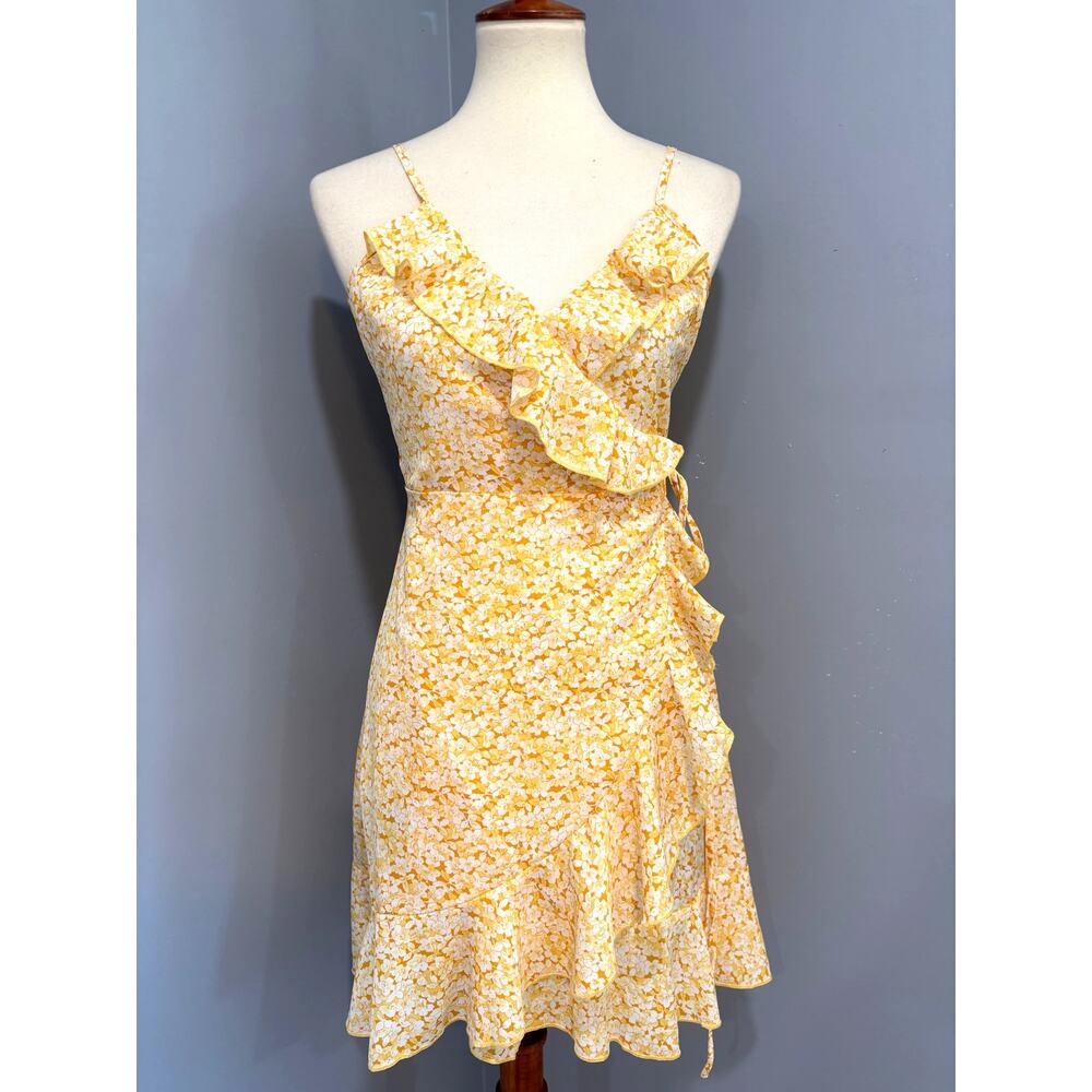 Floral Ruffle Wrap Mini Dress Yellow White Brunch Wedding Guest Outfit Boho S
